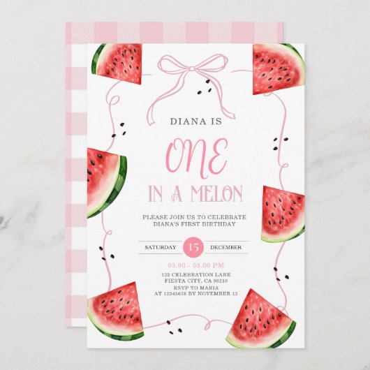 Pink Bow Watermelon First Birthday Invitation Einladung (Vorne/Hinten)