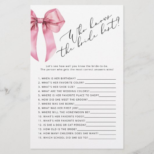 Pink Bow Wer kennt das beste Brautspiel (Vorderseite)