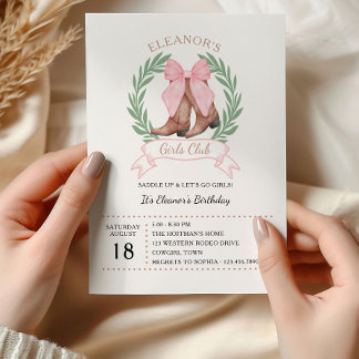 Pink Bow Western Cowgirl Boots Girls Club Geburtst Einladung