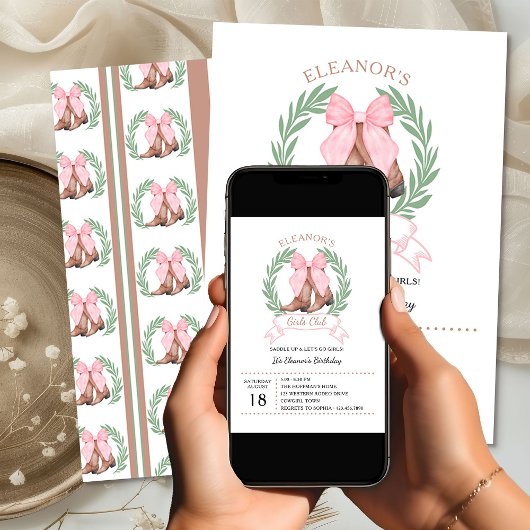 Pink Bow Western Cowgirl Boots Girls Club Geburtst Einladung