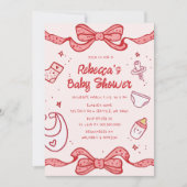 Pink Bow Whimsical Hand Drawn Girl Baby Brunch Einladung (Vorderseite)