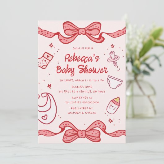 Pink Bow Whimsical Hand Drawn Girl Baby Brunch Einladung (Stehend Vorderseite)