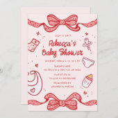 Pink Bow Whimsical Hand Drawn Girl Baby Brunch Einladung (Vorne/Hinten)