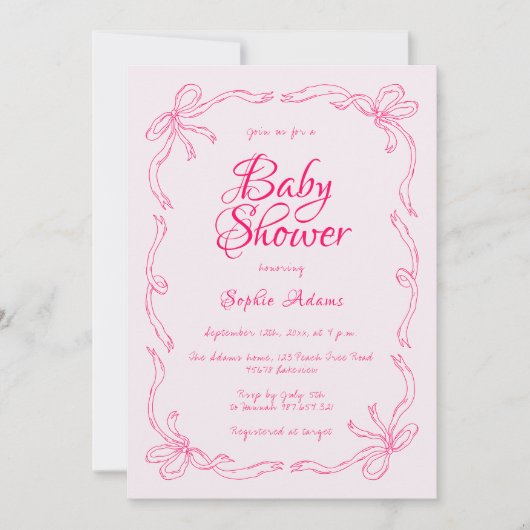 Pink Bow Whimsical Quirky Hand Drawn Baby Dusche Einladung (Vorderseite)