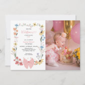 Pink Bow Wildblume 1. Geburtstag Foto Einladung (Vorderseite)