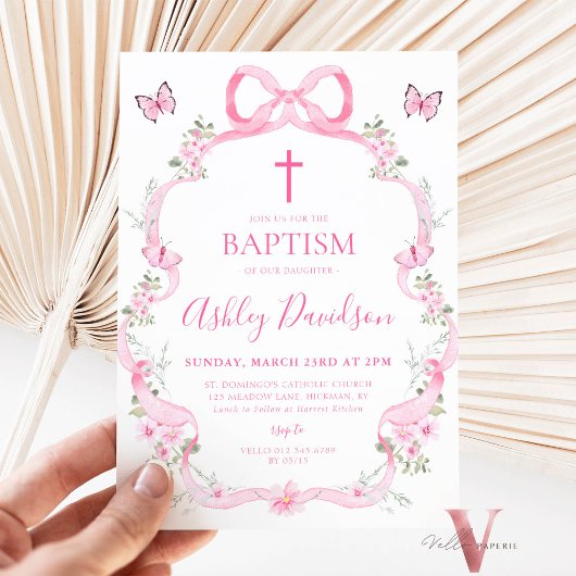 Pink Bow Wildblume Butterfly Taufe Christening Einladung