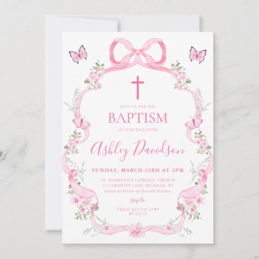 Pink Bow Wildblume Butterfly Taufe Christening Einladung (Vorderseite)