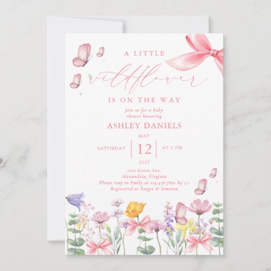 Pink Bow Wildblume Girl Babydusche Einladung (Vorderseite)