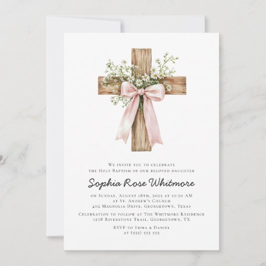 Pink Bow Wildblumen Taufe Einladung (Vorderseite)