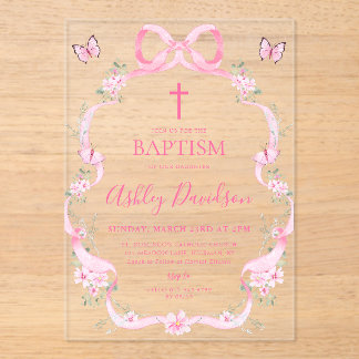 Pink Bow Wildflower Butterfly Baptism Christening Acryleinladungen