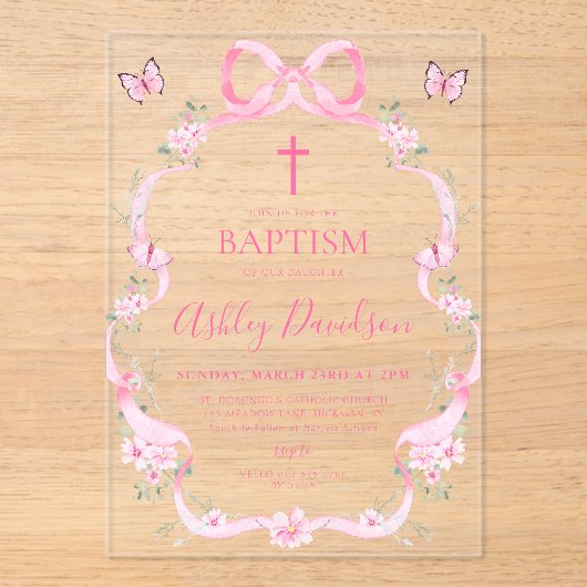 Pink Bow Wildflower Butterfly Baptism Christening Acryleinladungen (Vorderseite)