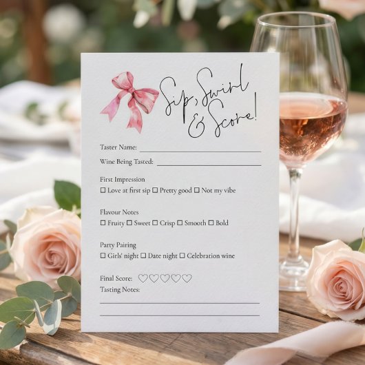 PInk Bow Wine Tasting Bridal Shower Score Card Einladung