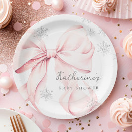 Pink Bow Winter Baby Shower Party Paper Plate Pappteller