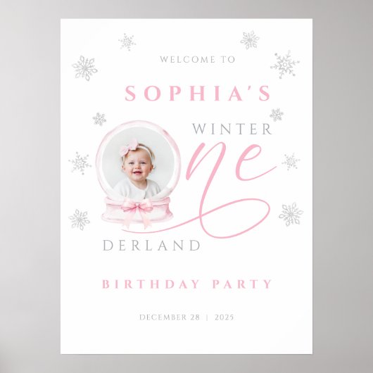 Pink Bow Winter First Birthday Welcome Sign Poster (Vorne)