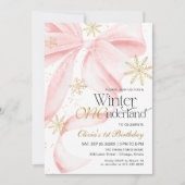 Pink Bow Winter Onederland 1st Birthday Einladung (Vorderseite)