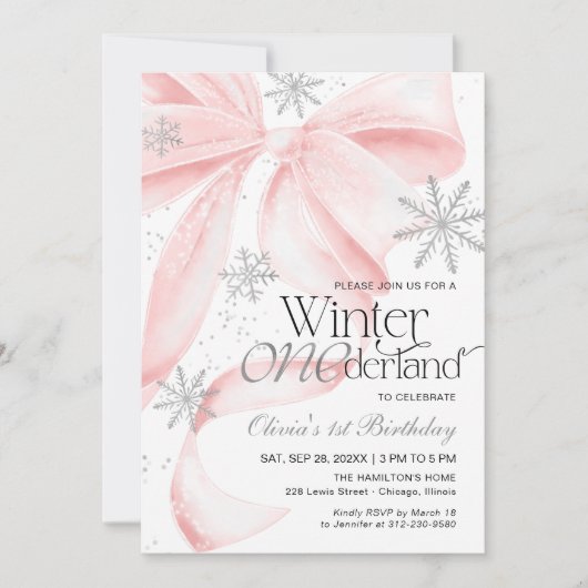 Pink Bow Winter Onederland 1st Birthday Einladung (Vorderseite)