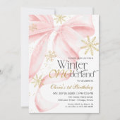 Pink Bow Winter Onederland 1st Birthday Einladung (Vorderseite)