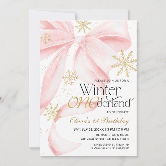 Pink Bow Winter Onederland 1st Birthday Einladung (Vorderseite)