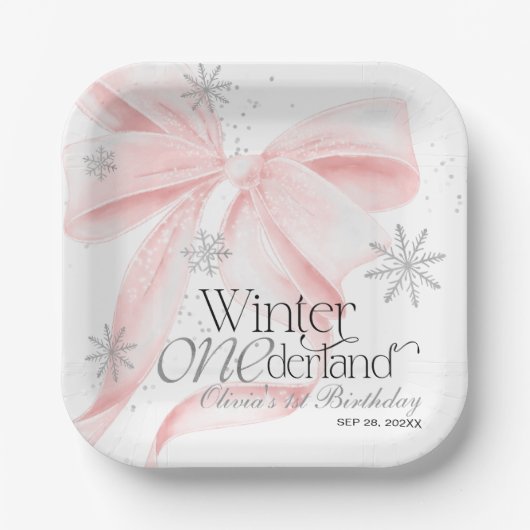Pink Bow Winter Onederland 1st Birthday Pappteller (Vorderseite)