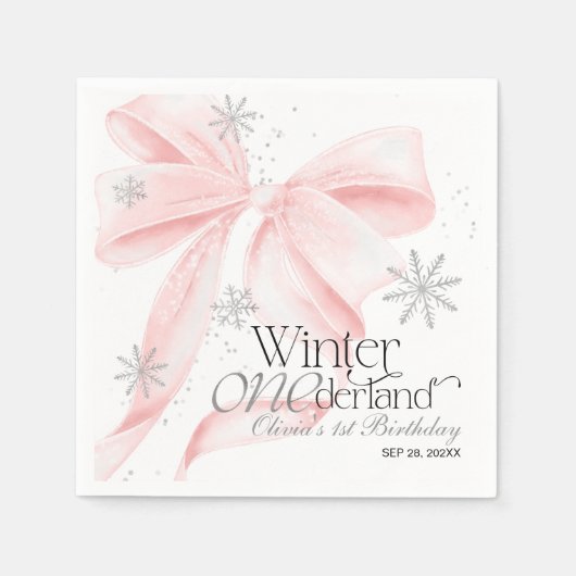 Pink Bow Winter Onederland 1st Birthday Serviette (Vorderseite)