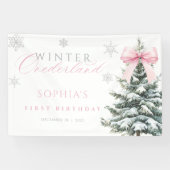 Pink Bow Winter Onederland First Birthday Banner (Horizontal)