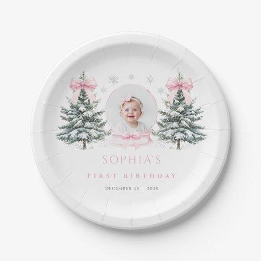 Pink Bow Winter Onederland First Birthday Pappteller (Vorderseite)