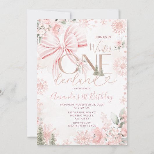 Pink Bow Winter Onederland Floral First Birthday Einladung (Vorderseite)