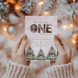 Pink Bow Winter Onederland Girl 1st Birthday Photo Einladung