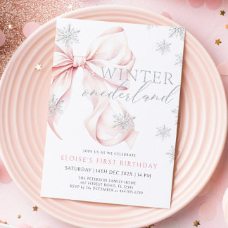 Pink Bow Winter Onederland Glitzer 1. Geburtstag Einladung