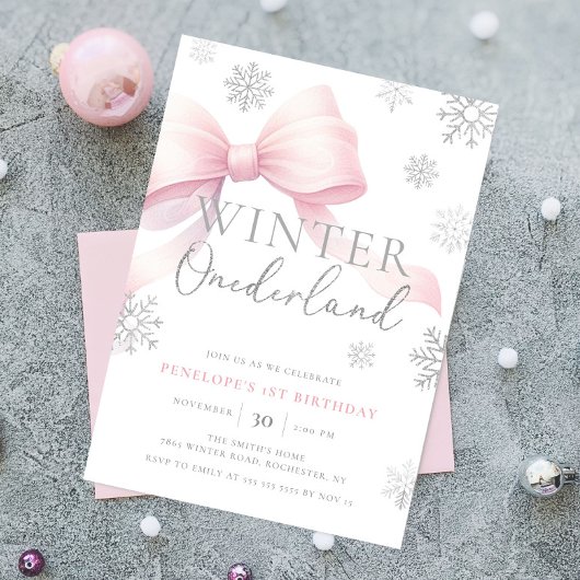 Pink Bow Winter Onederland Snowflake 1. Geburtstag Einladung