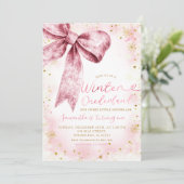 Pink Bow Winter Onederland Snowflake Geburtstag Einladung (Stehend Vorderseite)