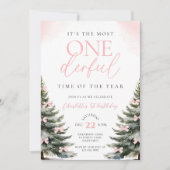 Pink Bow Winter Onerderland Girl 1. Geburtstag Einladung (Vorderseite)