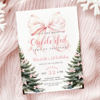 Pink Bow Winter Onerderland Girl 1. Geburtstag Einladung
