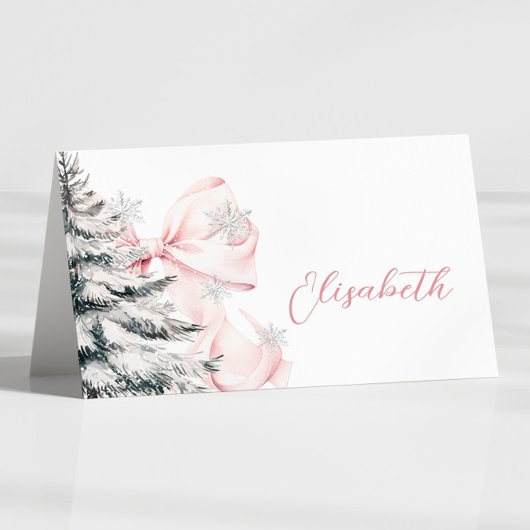 Pink Bow Winter Table Place Card  Tischnummer