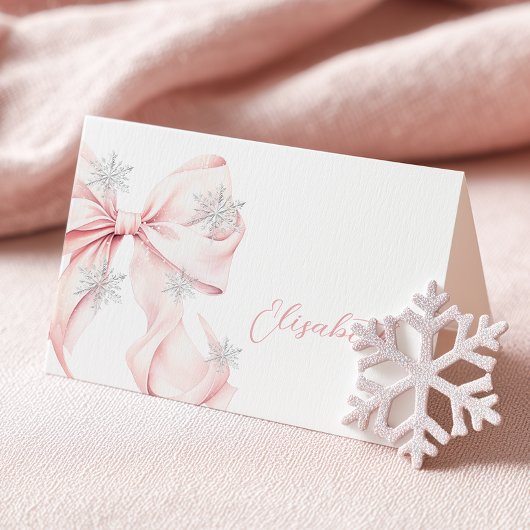 Pink Bow Winter Table Place Card  Tischnummer