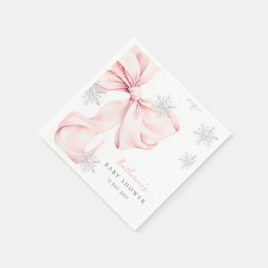 Pink Bow Winter Theme Snowflake Baby Shower Serviette (Ecke)