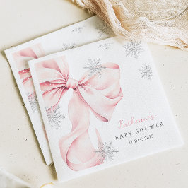 Pink Bow Winter Theme Snowflake Baby Shower Serviette