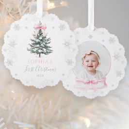 Pink Bow Winter Tree First Christmas Ornament Karte