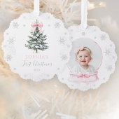 Pink Bow Winter Tree First Christmas Ornament Karte