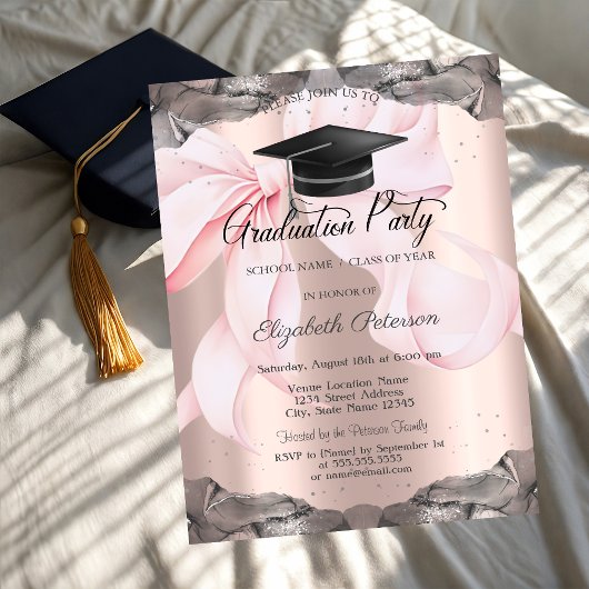 Pink Bow Your Photo Rose Gold Graduation Einladung