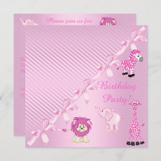 PINK BOW ZOO TIERE GEBURTSTAGLICHE EINLADUNG (Vorne/Hinten)