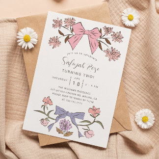 Pink Bows and Blossoms Girl Birthday Party Einladung