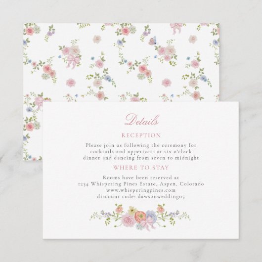 Pink Bows and Wildflowers Details Begleitkarte (Vorne/Hinten)