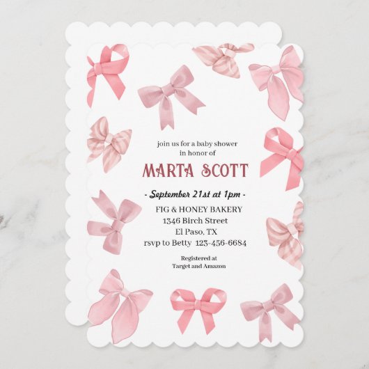 Pink Bows Baby Dusche Einladung (Vorne/Hinten)