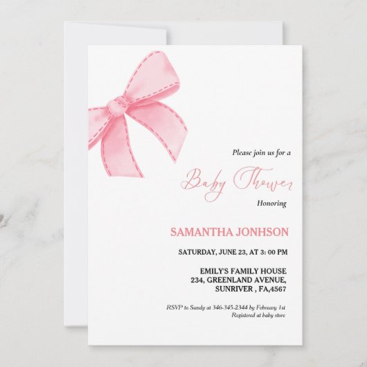 Pink Bows Baby Girl Babydusche Einladung (Vorderseite)
