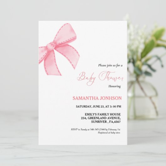 Pink Bows Baby Girl Babydusche Einladung (Stehend Vorderseite)