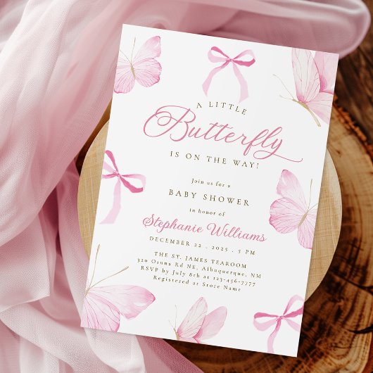 Pink Bows Butterflies Baby Shower Invitation Einladung