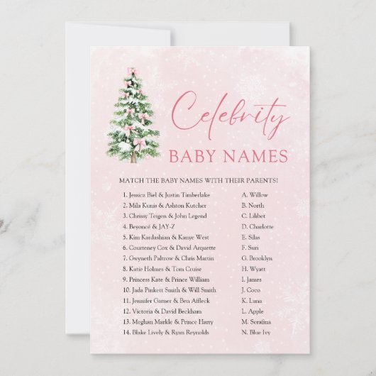 Pink Bows Christmas Tree Celebrity Baby Name Game Einladung (Vorderseite)