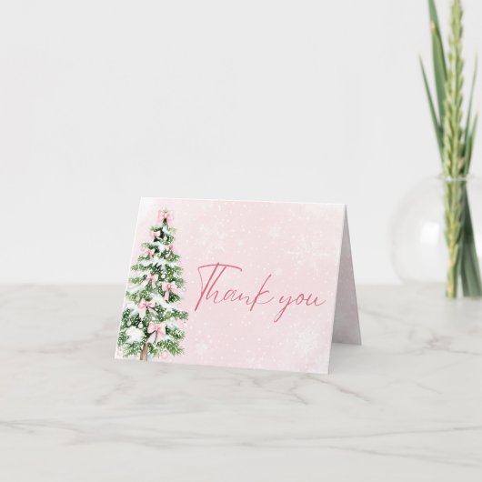 Pink Bows Christmas Tree Winter Thank you card Dankeskarte (Vorderseite)