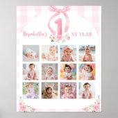 Pink Bows Coquette 1 Geburtstag Milestone Zeichen Poster (Vorne)